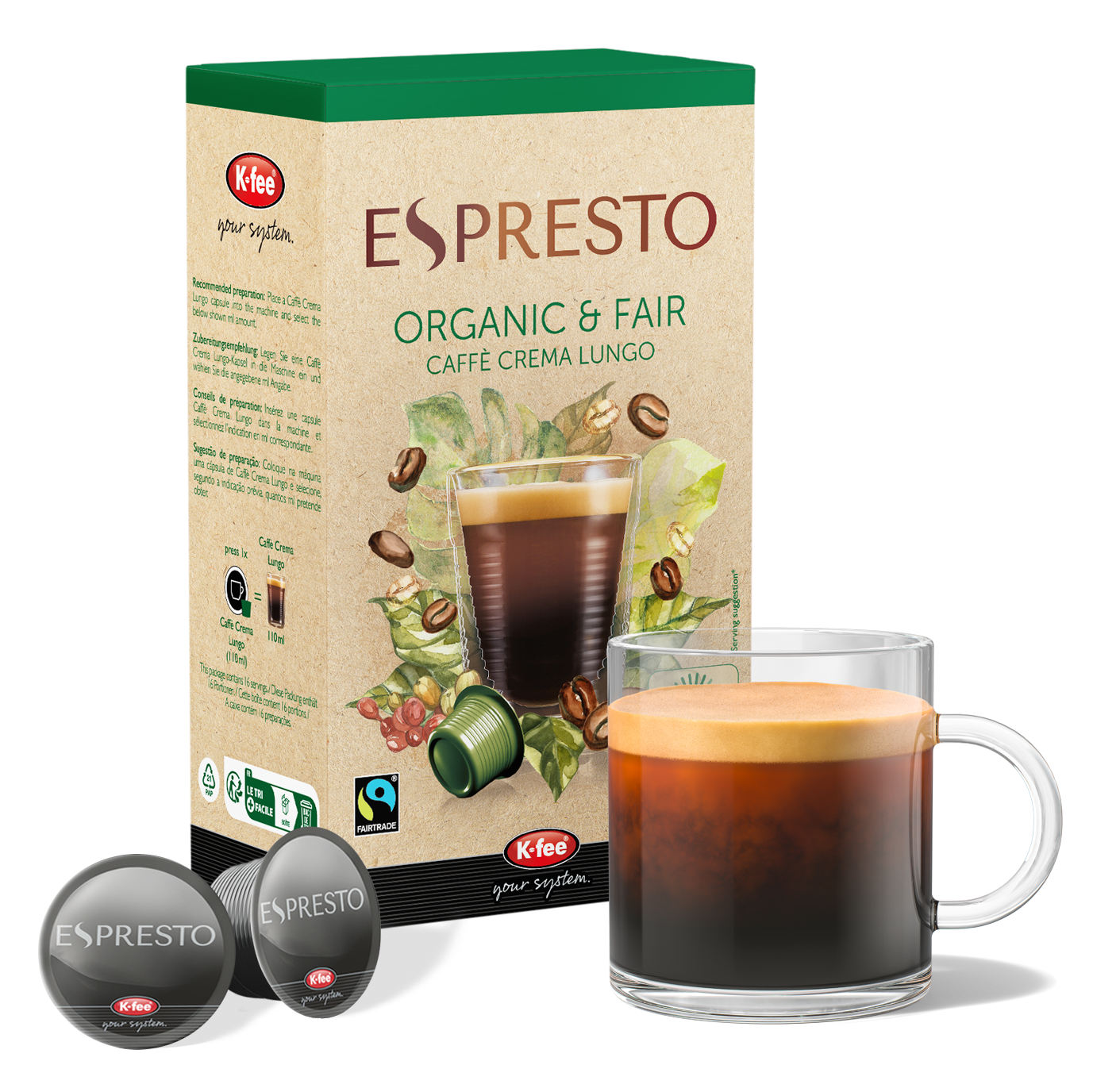 ESPRESTO Organic & Fair Cafe Crema Lungo - 6 Packungen Kaffeekapseln günstig online bestellen | K-fee®