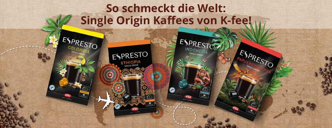 So schmeckt die Welt. Bei K-fee gibt es Single Origin Kaffee aus Indonesien, Papua Neuguinea, Kolumbien und Äthiopien
