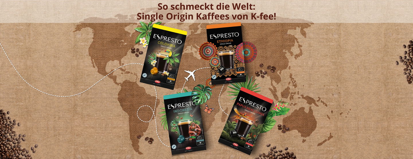 So schmeckt die Welt. Bei K-fee gibt es Single Origin Kaffee aus Indonesien, Papua Neuguinea, Kolumbien und Äthiopien