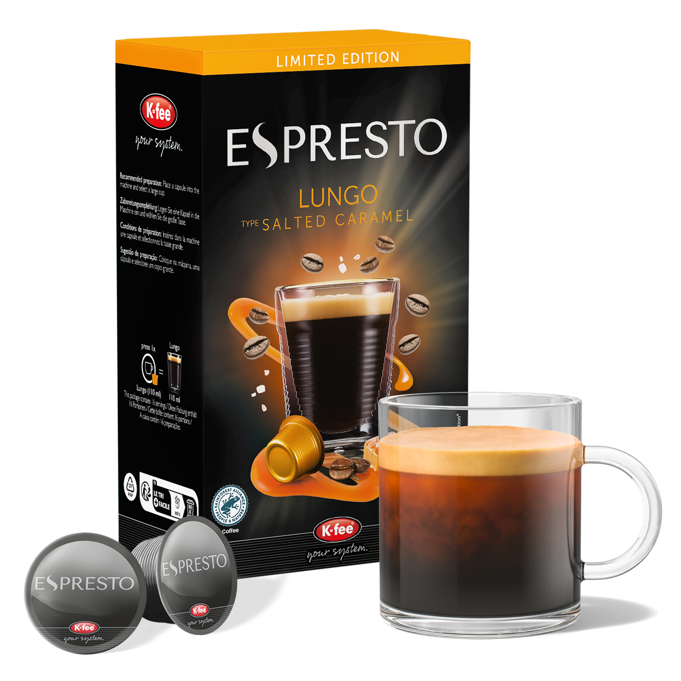 ESPRESTO Lungo Salted Caramel - 6 Packungen Kaffeekapseln günstig online bestellen | K-fee®